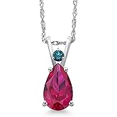 Gem Stone King 14K White Gold Red Created Ruby and Blue Diamond Pendant Necklace for Women | 1.48 Cttw | Gemstone July Birthstone | Pear Shape 9X6MM | With 18 Inch Chain