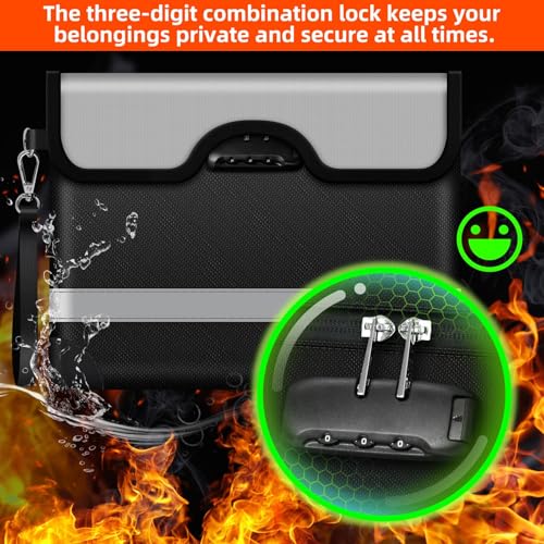 TERRIFI Fireproof Money Bag with Lock, 5200°F Water and Fireproof Document Bag with Zipper and Reflective Strip, Safe Storage Notary Bag for A4 Documents, Cash, Tablet, Passport, 14.3"x10.2", Black