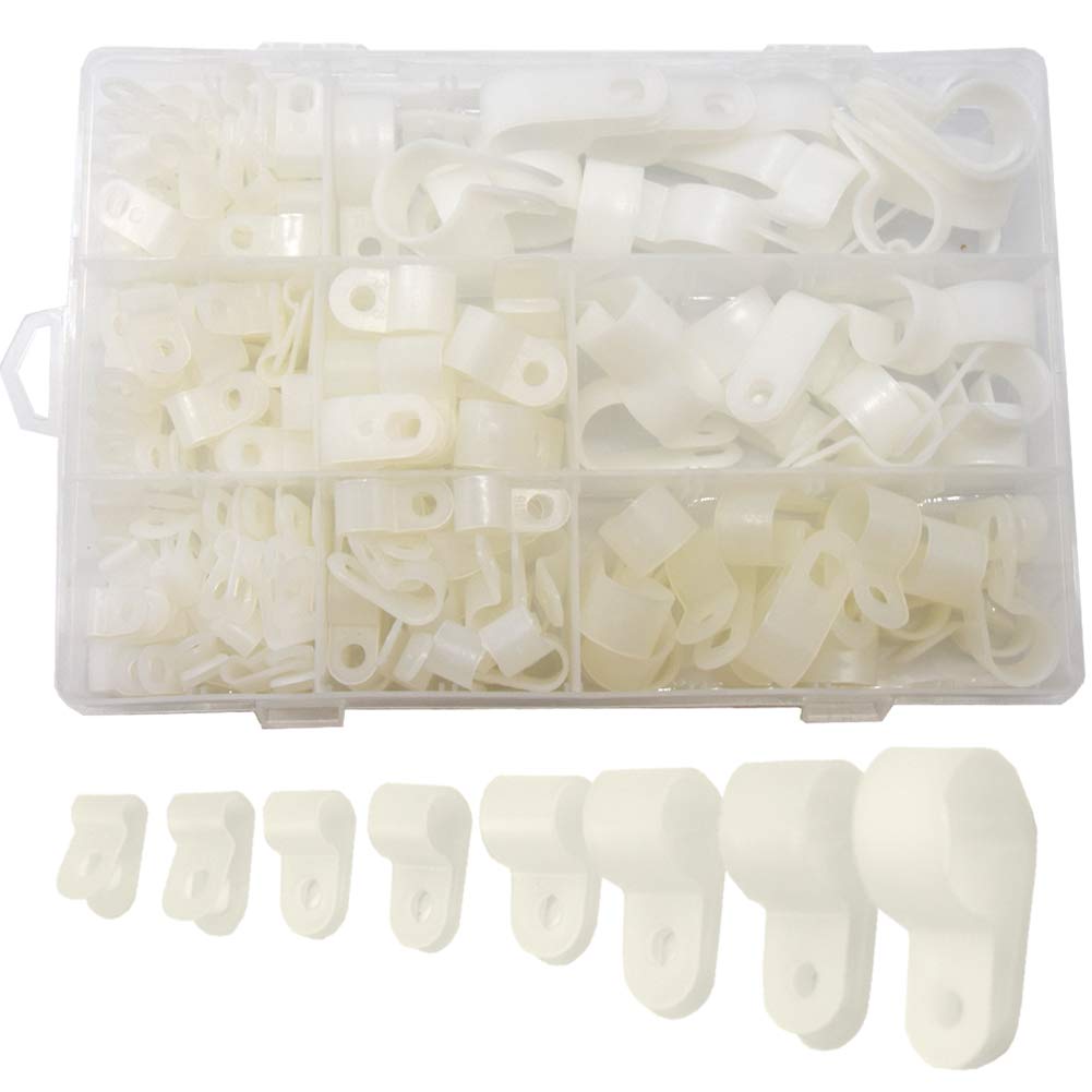 CEEYSEE 160 Pcs Nylon R Type Cable Clip Wire Clamp Screw Mounting Wire Clips for Cable Wire Conduit and Cable Conduit Kit with 1/8", 3/16", 1/4", 5/16", 3/8", 1/2", 5/8", 3/4" White