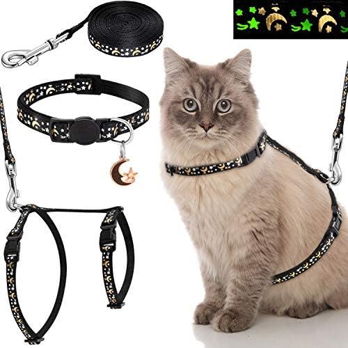 Frienda 3 Pieces Cat Harness with Leash and Collar Set Adjustable Soft Escape Proof H Shaped Safety Strap with Golden Moon Glowing Star in The Dark for Kitten
