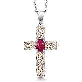 Gem Stone King 925 Sterling Silver Peach Morganite and Red Ruby Cross Pendant Necklace for Women | 3.10 Cttw | Gemstone October Birthstone | Oval 6X4MM | With 18 Inch Chain