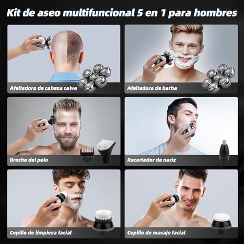 Men's Head Shaver, 5 in 1 Shaver Head with 7 Rotary Heads and LED Display, Men's Head Shaver in Dry and Wet to Water with Wireless Charging and Type C Charging Cable