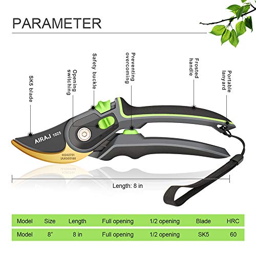 AIRAJ 8" Professional Pruning Shears, Two Adjustable Opening Degrees Hand Pruners, Great for Gardeners, Flower, Garden Trims, Grooming Garden Shears (Green)