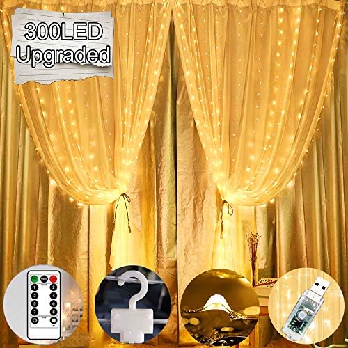 Chipark Upgraded 300 LED Curtain Lights,USB Window Fairy String Lights with 8 Modes Remote Control Waterproof Copper Light for Indoor Outdoor Wedding Party Bedroom Garden Decoration(Warm White)