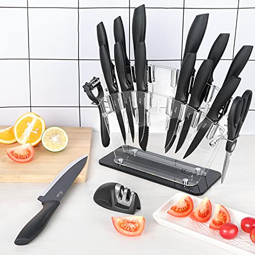 Knife Set, 17 Pieces Kitchen Knife Set with Acrylic Stand, 13 Black Non