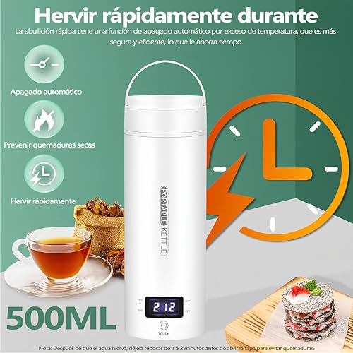 Hervidor de Agua Electrico Portatil,500ML Termo Electrico,Control de Temperatura NTC y Puede Guisar,Adecuado para viajes, oficina, camping, preparación de té y café.