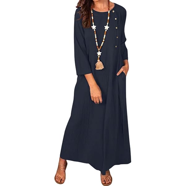 Women Casual Cotton Linen Tunic Dresses with Pockets Button Down Round Neck  Long Sleeve Plain Maxi Long Dress Kaftan Dark Blue at Amazon Women's  Clothing store