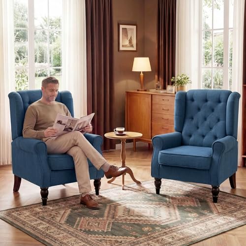 HOMCOM Fabric Accent Chair, Button Tufted Armchair, Upholstered Modern Living Room Chair, Wingback Chair with Wood Legs, Rolled Arms, Thick Padding for Bedroom, Blue