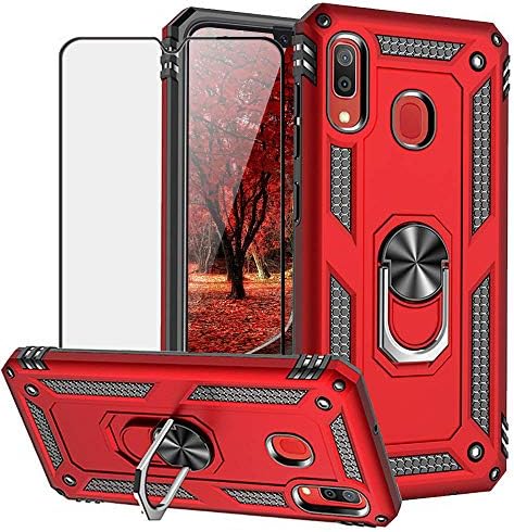 TJS Telephone Case Suitable with Samsung Galaxy A20/Galaxy A30, with [Full Coverage Tempered Glass Screen Protector] Affect Resistant Defender Steel Ring Magnetic Help Cowl (Pink)