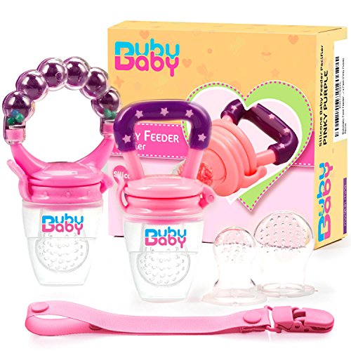 Bububaby Baby Feeder for Fruit & Fresh Food / Silicone Teething Toys/ Feeding Pacifiers for Boys and Girls, Rattle, Extra Teats and Pacifier Clip Holder, 2 Pack (Pinky Purple)