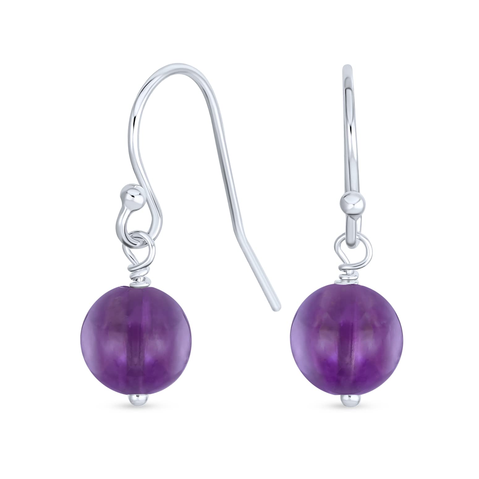 Simple Plain Round Bead Light Purple Amethyst French Fish Hook Wire Ball Drop Earrings For Women.925 Sterling Silver February Birthstone