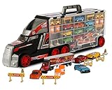 TOYTHRILL Super Transport Truck Carrier Toy - Plastic Transporter/Case - Includes 10 Die-Cast Mini Cars, Mini Semi-Truck, 16 Assorted Road Block Accessories - Holds Over 40 Cars