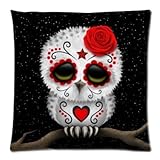 Cute Red Day of the Dead Sugar Skull Owl Stars Zippered Pillow Case 18 x 18 Inches