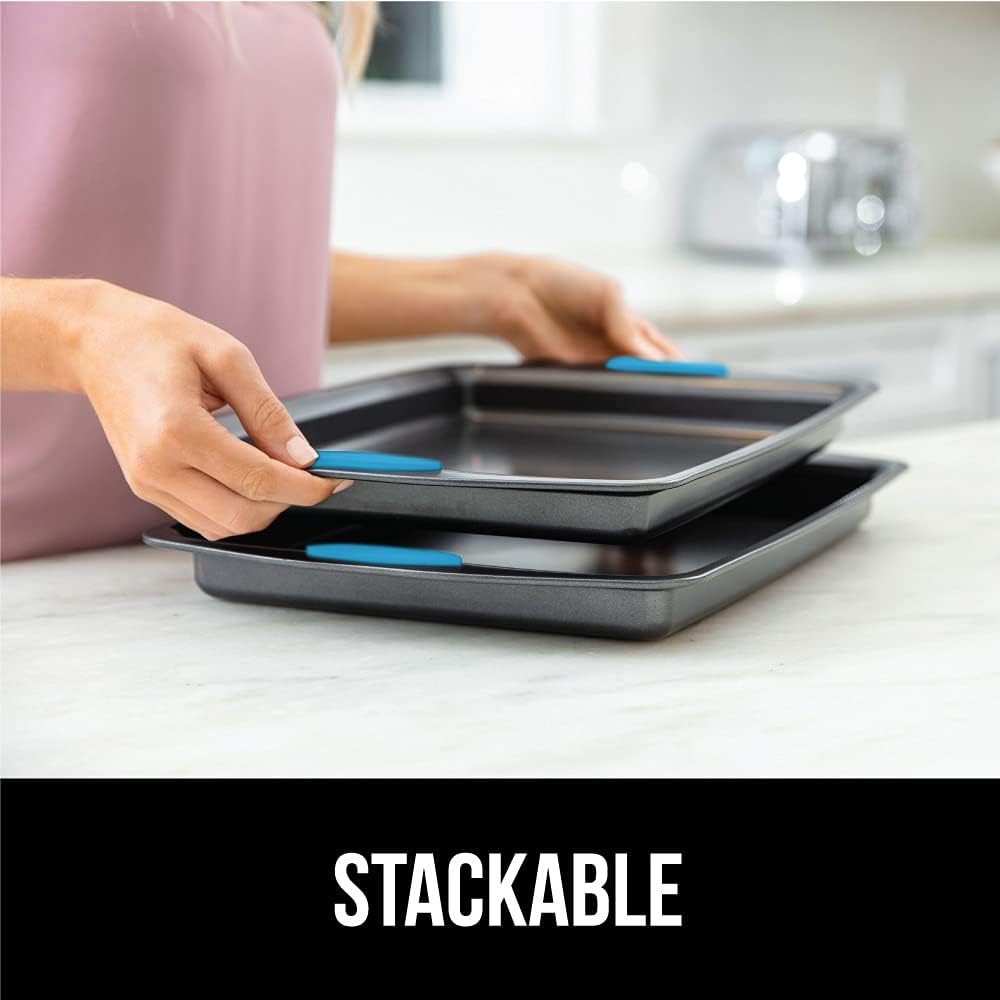 Gorilla Grip Bakeware Sets, Nonstick, Heavy Duty Carbon Steel, 4 Piece Kitchen Baking Set with Silicone Handles, 2 Large Size Cookie Sheets, 1 Medium Sized Oven Roaster Pan and 1 Loaf Pan, Aqua: Kitchen & Dining
