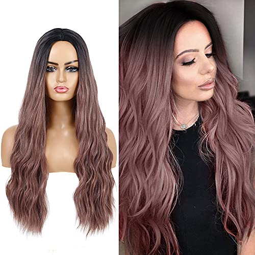 UHIBROS Long Wave Wigs With Bangs Purple For Women DarkSynthetic Long Wavy Hair Cosplay Heat Resistant Fiber Curly Hair 26inchs For Daily Party （Ombre Purple）
