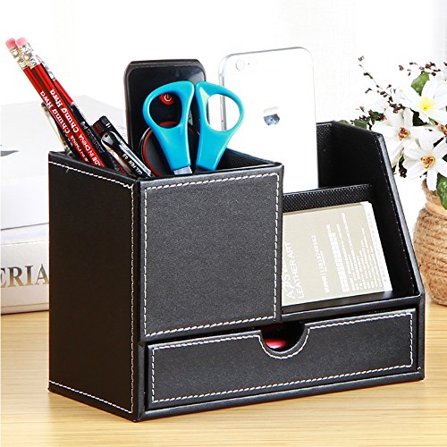 PU Leather Multi-function Desk Stationery Organizer Storage Box Pen and Pencil holders Business Cards Stand Desk Organizer Set Office Table Accessories (Black-large)