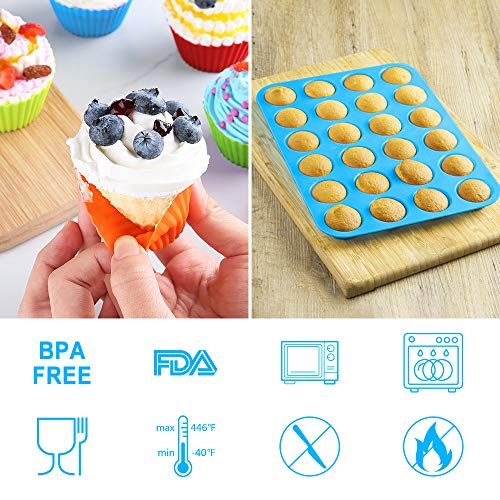 Bligli Muffin Cupcake Pan Set - Mini 24 Cups and Regular 12 Cups Muffin Tin, Nonstick BPA Free Best Food Grade Silicone Molds with Bonus 12 Silicone Baking Cups (Molds Set)