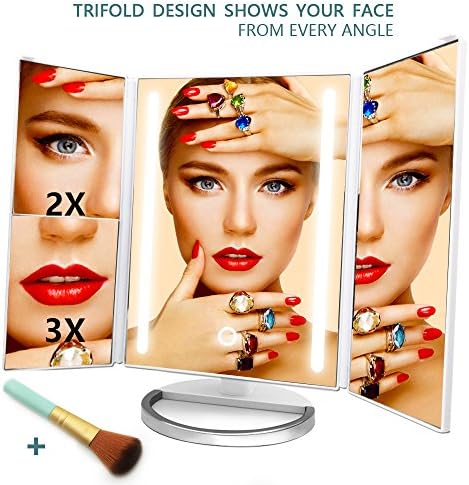 Trifold LED Lighted Makeup Vanity Mirror,Mckbane 3X/2X/1X Magnification Mirror with 24 Led Lights Touch Screen 180° Adjustable Rotation Dual Power Supply Folding Cosmetic Mirror