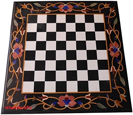 24" Black Marble Square Chess Table Top For Chess Lovers Semi Precious Stones Inlay Floral Art
