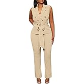 Blazer Pants Suits for Women Dressy Sleeveless Vest with Belt Wide Leg Pants 2 Piece Outfits Business Set Casual Suiting