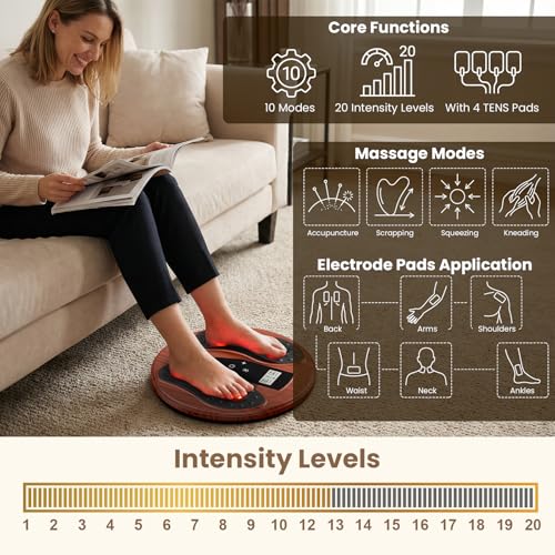 Medic Circulation Machine Blood Booster for Feet and Legs, EMS Muscle Stimulator with Red Light Therapy (660 nm + 850 nm), Electric Foot Massagers for Pain and Circulation with 4 TENS Electrode Pads