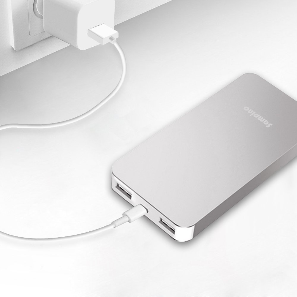 Sampino 10000 mAh External Phone Charger for iPhone or Android Pokeman,1.0/2.1A Output External Battery Power Bank Dual USB Ports for iPhone iPad Samsung Blackberry Microsoft HTC Portble DVD (Silver)
