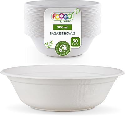 FOOGO Green 50 Disposable Sugarcane Bowls 32oz 8 inch Deep, Biodegradable
