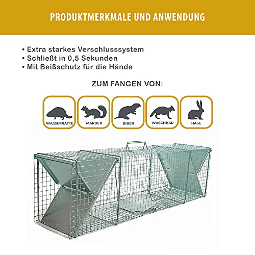 Holtaz Fallen Basic 120x29x31 cm 2 Türen Marderfalle Katzenfalle Fuchsfalle Biberfalle Tierfalle Waschbärfalle Drahtfalle Lebendfalle Mit Extra Köder und Zubehör im Set – Bild 3
