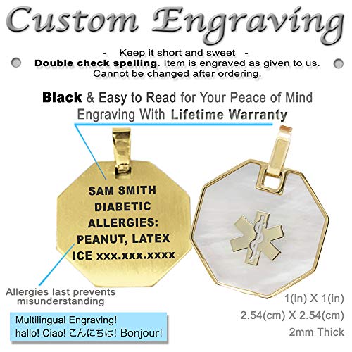 My Identity Doctor USA - Medical Alert Womens Mens Necklace with Pendant - Custom Engraving for Diabetes Warfarin Dialysis Stroke Pacemakers - Steel Gold Toned - 24in-60cm - with Clasp