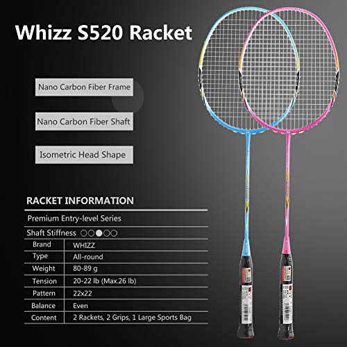 WHIZZ Graphite Frame Badminton Rackets for Adults, Carbon Fiber Light Durable Racquet for Beginners, 87g Strung, Includes Large Carry Bag / 2 Grip Tapes (Blue+Pink)