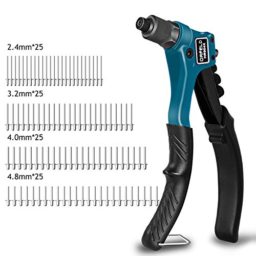 Orfeld Rivet Gun, Single Hand Manual Rivet Gun Kit With 4 Interchangeable Color Coded Heads, 100 Piece Rivets, 4 in 1 Hand Riveter Set for Plastic, Metal, Leather, Large & Small Jobs