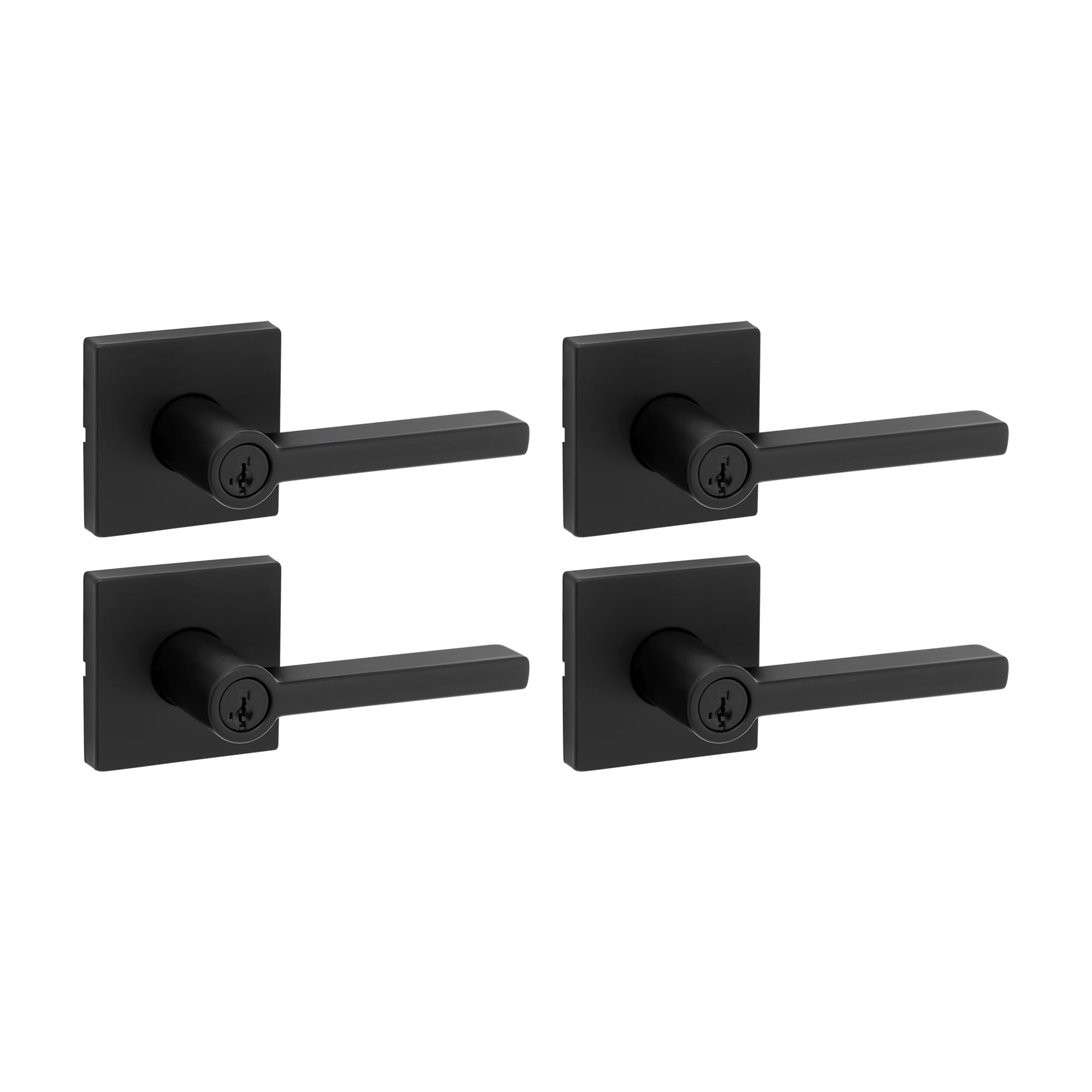 Kwikset Halifax Entry Door Handle with Lock and Key, Secure Keyed Reversible Lever Exterior, for Front Entrance and Bedrooms, Matte Black, 4 Pack, Pick Resistant SmartKey Rekey Security and Microban Image