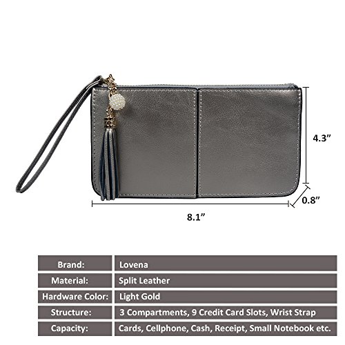 Lovena Soft Leather Wristlet Smartphone Zipper Wallet Tassel Wristlet - Fit iPhone X/iPhone 8/7Plus Samsung Note 8/5- Sliver