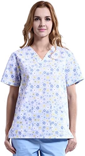 ANNO Medical Uniform Women and Man Scrubs Set Medical Scrubs Top and Pants (Small(S), 小花雨套装(Set))