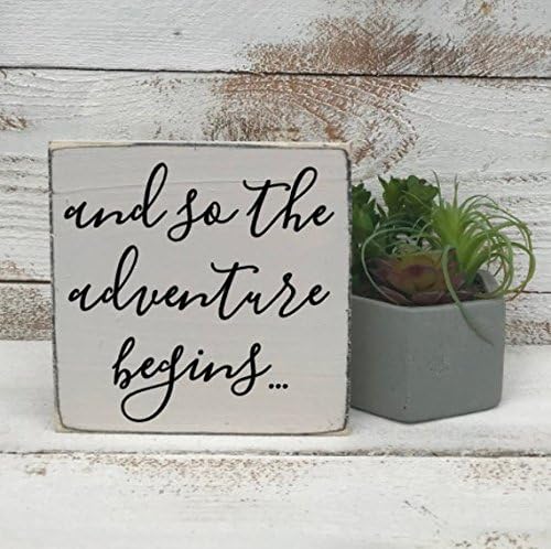 Mini Sign - and so the adventure begins - hand painted wood sign - shelf sitter - wedding sign - wedding gift - graduation gift - farmhouse