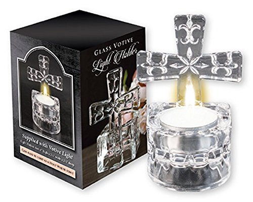 Biblegifts Votive Light Holder, 4'' High Glass Candle Holder with Cross, Religious Gift for Worship, Holy Water Font, Includes Tea Light, Clear