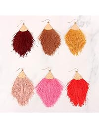 Bohemian Silky Thread Fan Fringe Tassel Statement Earrings - Lightweight Strand Feather Shape Dangles, Long Chain Necklace Set