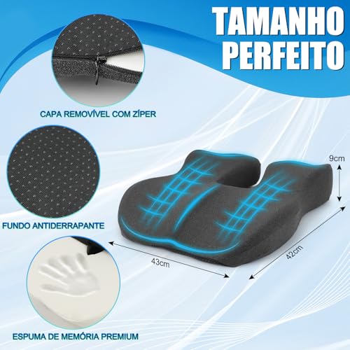 Almofada de Assento em Espuma de Memória – Design U Ergonômico, Distribui Peso e Conforto para Cadeira de Escritório/Carro, 43x42x9cm