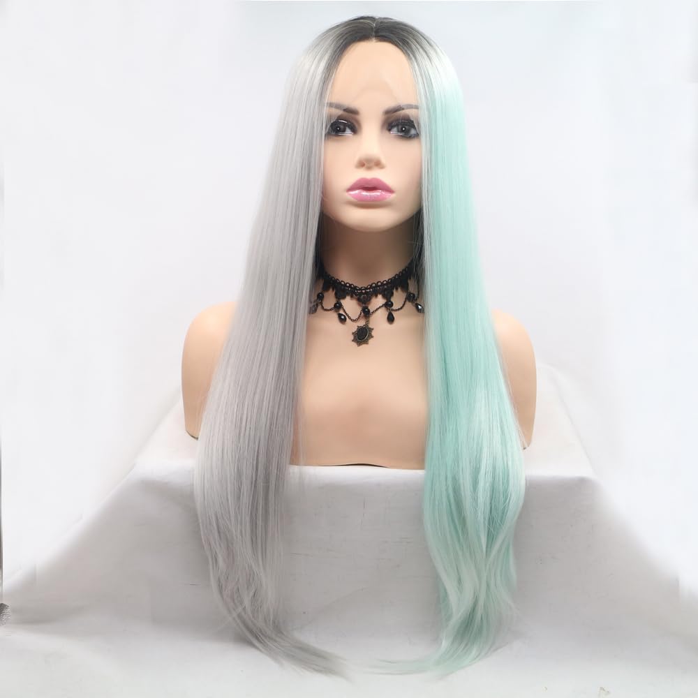 Xiweiya 13x3 Lace Mermaid Wig Half Light Grey Half Mint Green Synthetic Lace Front Wig Long Straight Wig Two Tones Heat Resistant Replacement Wigs for Women Cosplay 24"