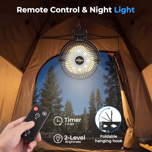 Sumairs 8" Clip on Fan, 10000mAh Rechargeable Camping Fan with Max 58H Battery, Remote, LED Light & Power Bank, 3 Speeds, 360° Rotate Desk/Hanging Tent Fan Portable for Outdoor,Travel, Gym & Office F3