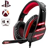 Gaming Headset for PS4 Xbox One, Beexcellent Deep Bass Surround Sound Over Ear Headphones with Noise Cancelling Mic, LED Lights, Volume Control, 3.5mm Jack for PC Laptop Mac Smartphone