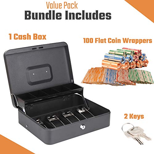 Cash Box with Money Tray and Lock - Safe Money Box Bundle Includes 100 Coin Wrappers - Secure Locking Cash Lock Box for Bills, Coins and Checks, Made by Budgetizer