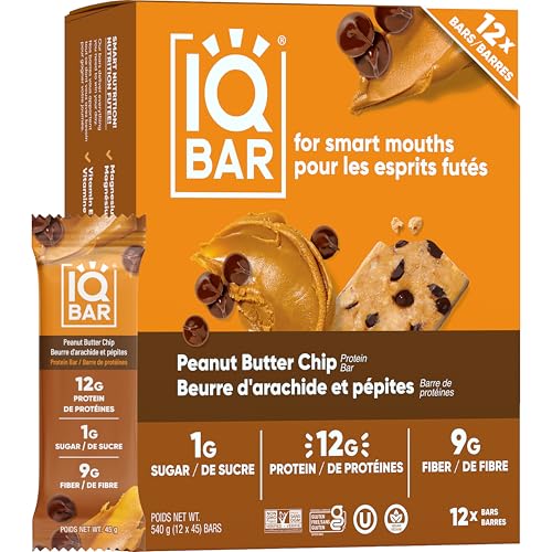 IQBAR Clean Plant Protein Bars - Peanut Butter Chip - 12 Count - Keto, Vegan, High Fiber, Gluten and Dairy Free, Low Sugar Snack - Brain and Body Nutrients for Focus, Energy, Meal Replacement