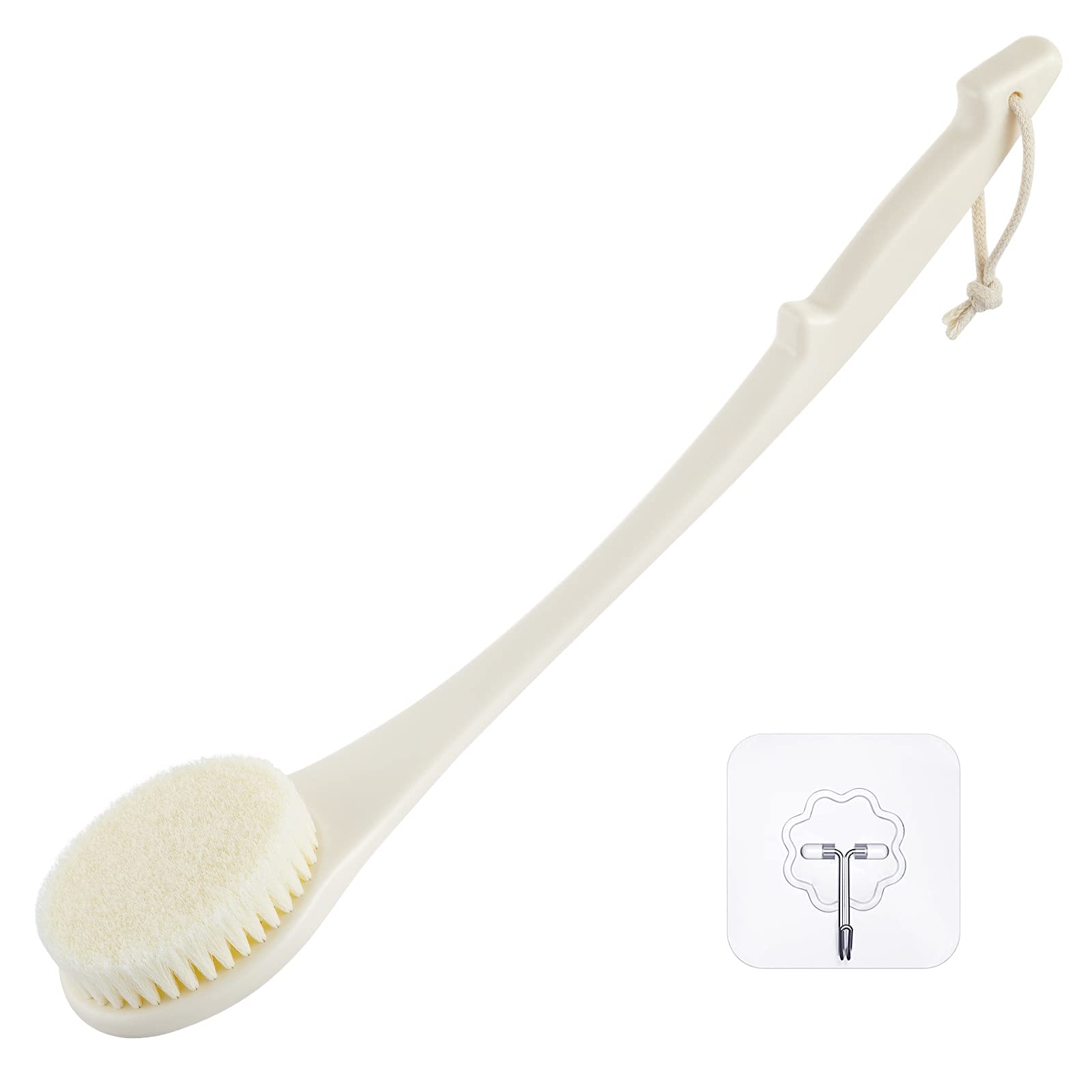 Body Brush Back Scrubber, 17 in Never Mold Back Brush Long Handle for Shower, Exfoliating Brush Dry Brushing Body Brush for Men Women Elderly Deep Exfoliation Soft Glowing Skin (Cream White)