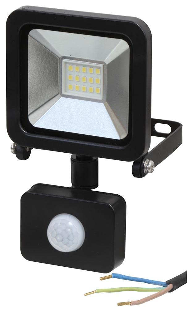 PRO ELEC 10W LED Floodlight with PIR Sensor, 800lm, 6000K Daylight White, Black, IP44, 1m Cable – PELL0273