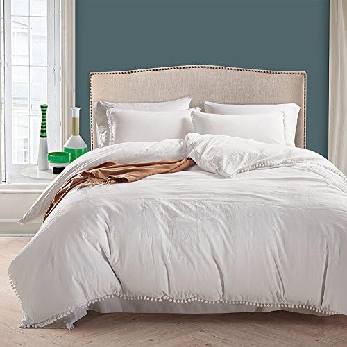 Luxury Quality 100% Natural Stone Washed Microfiber Duvet Cover Set King Size 3 Pcs (1 Duvet cover, 2 Pillowcases) Ball Fringe Pattern Design Silky Soft Hypoallergenic Fade Stain Sistant, White