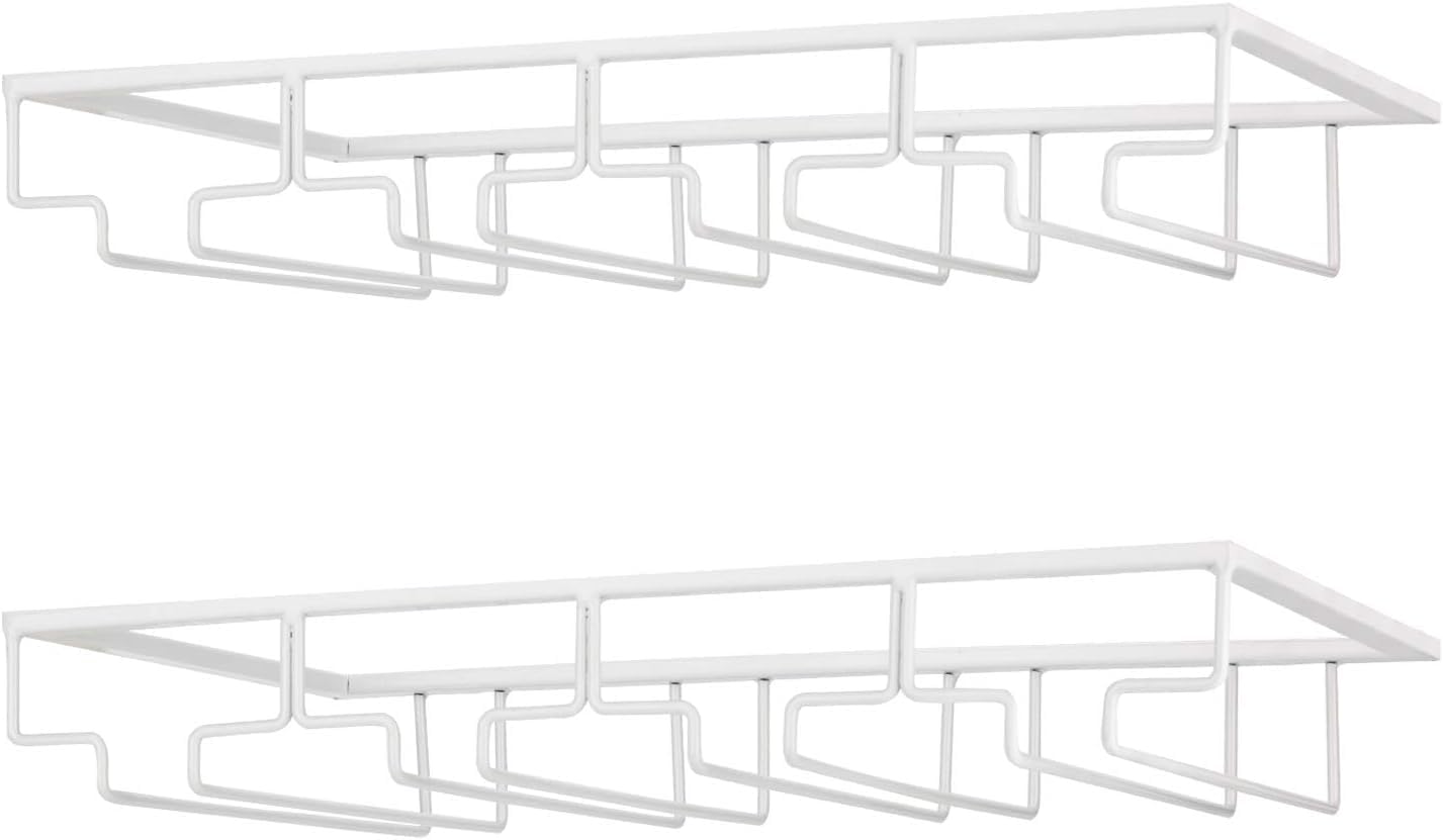 FOMANSH Wine Glass Rack - Under Cabinet Stemware Wine Glass Holder Glasses Storage Hanger 2 Pack Metal Organizer for Bar Kitchen 4 Rows White