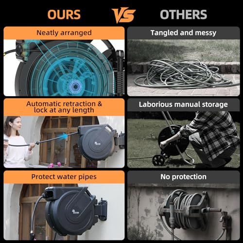 Retractable Garden Hose Reel 5/8 in x100 ft, Heavy Duty Wall Mounted Hose Reel with 10- Function Sprayer Nozzle, Any Length Lock/Automatic Slow Return System,180° Swivel Bracket