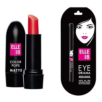 Elle 18 Combo of Selfie Red, 4.3 gm Color Pop Matte Lip Colour with Bold Black, 0.35 gm Eye Drama Kajal