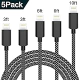WUXIAN iPhone Charger Lightning Cable 5-PACK [3/3/6/6/10 ft] Nylon Braided 8 pin Charging Cables for iPhone 8/X/8P/7/7 Plus/6/6 Plus/6s/6s Plus/5/5s/5c/SE and more-Black&White